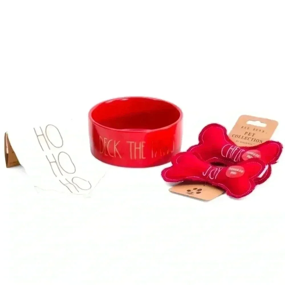 NEW 4 Pc SET - DECK THE PAWS - RED Pet Bowl, Bandana, & 2 squeaky Bone Toys